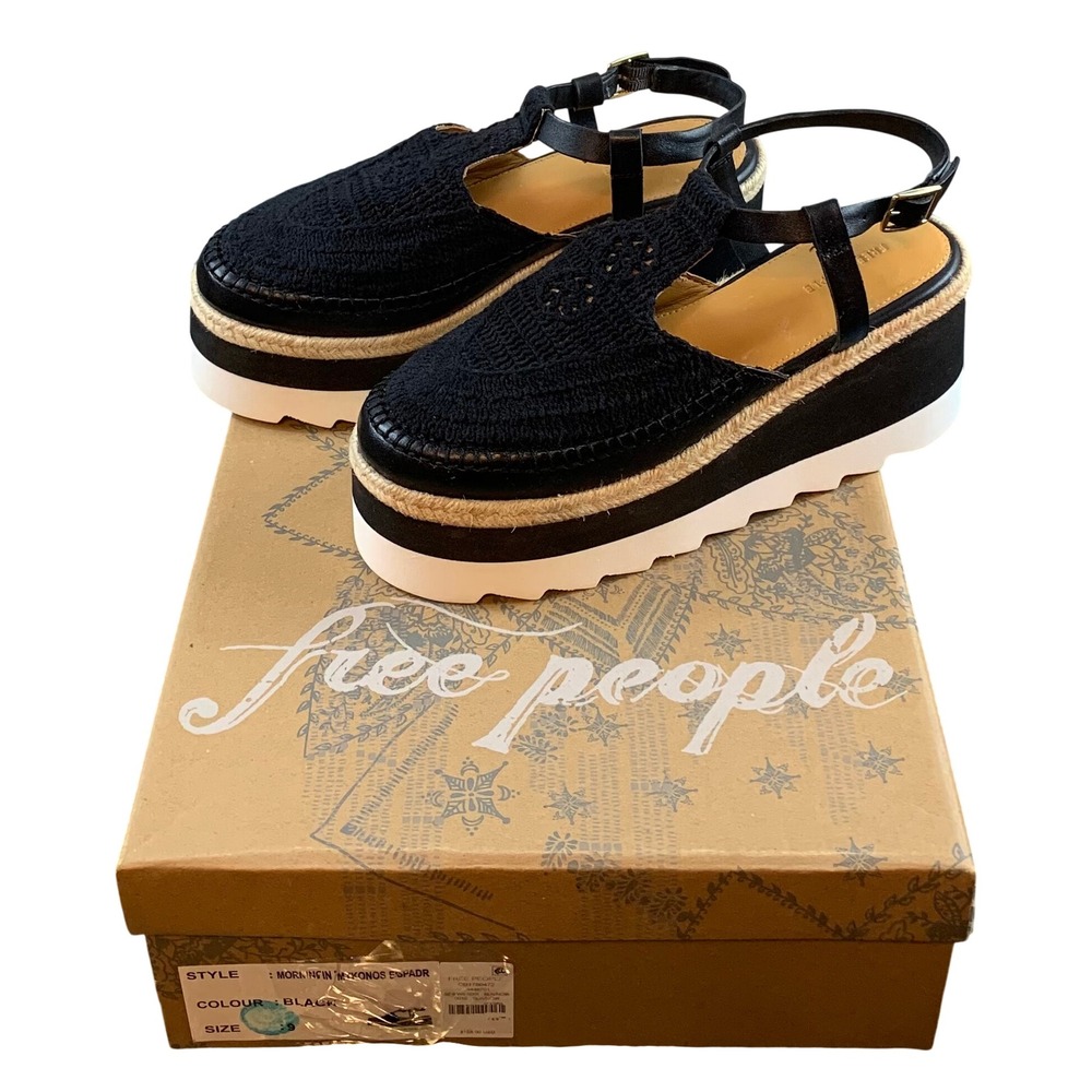 Free People Morning In Mykonos Espadrille Sandals Black Crochet Platform Size 9